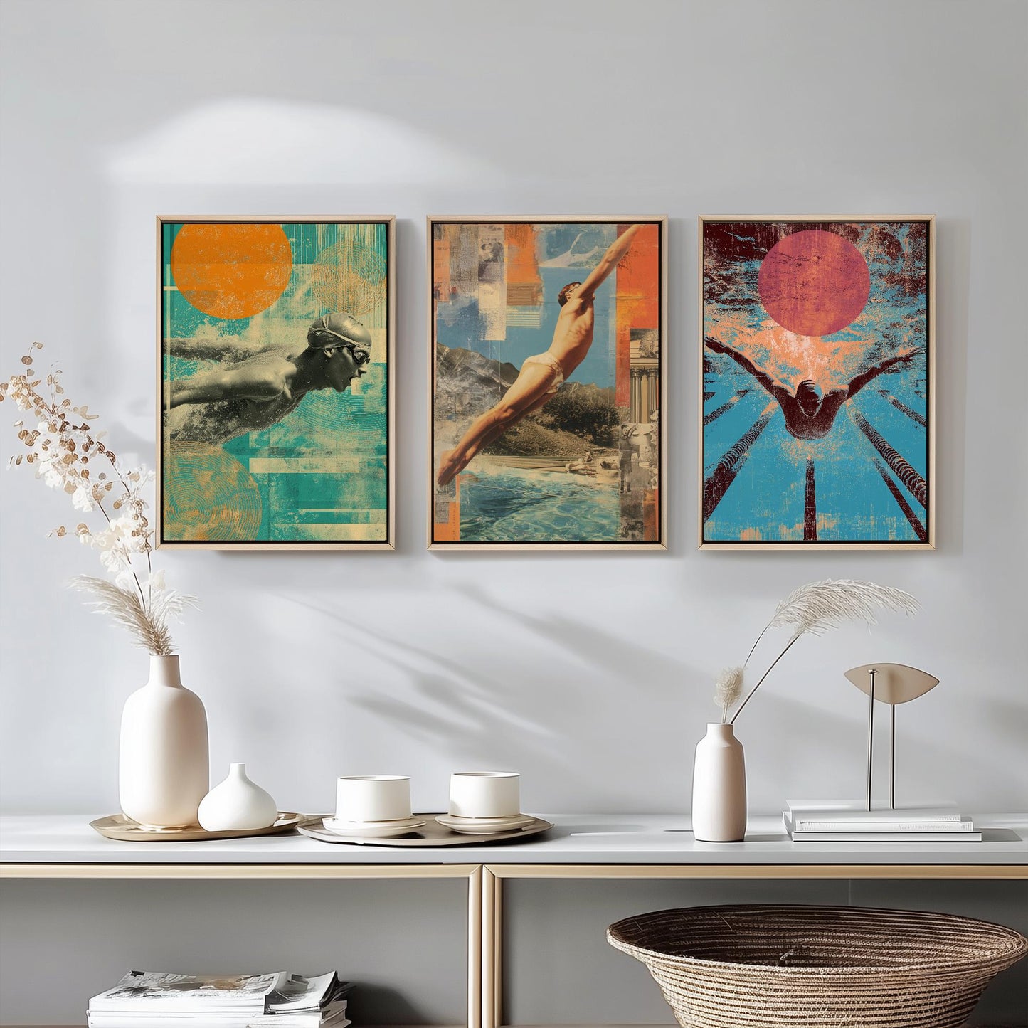 Set of Three Vintage Swimming Posters - Pool Sunset Collage V1 Art Prints - Creative Photography Painting Design - Patchwork Lane Swimmer