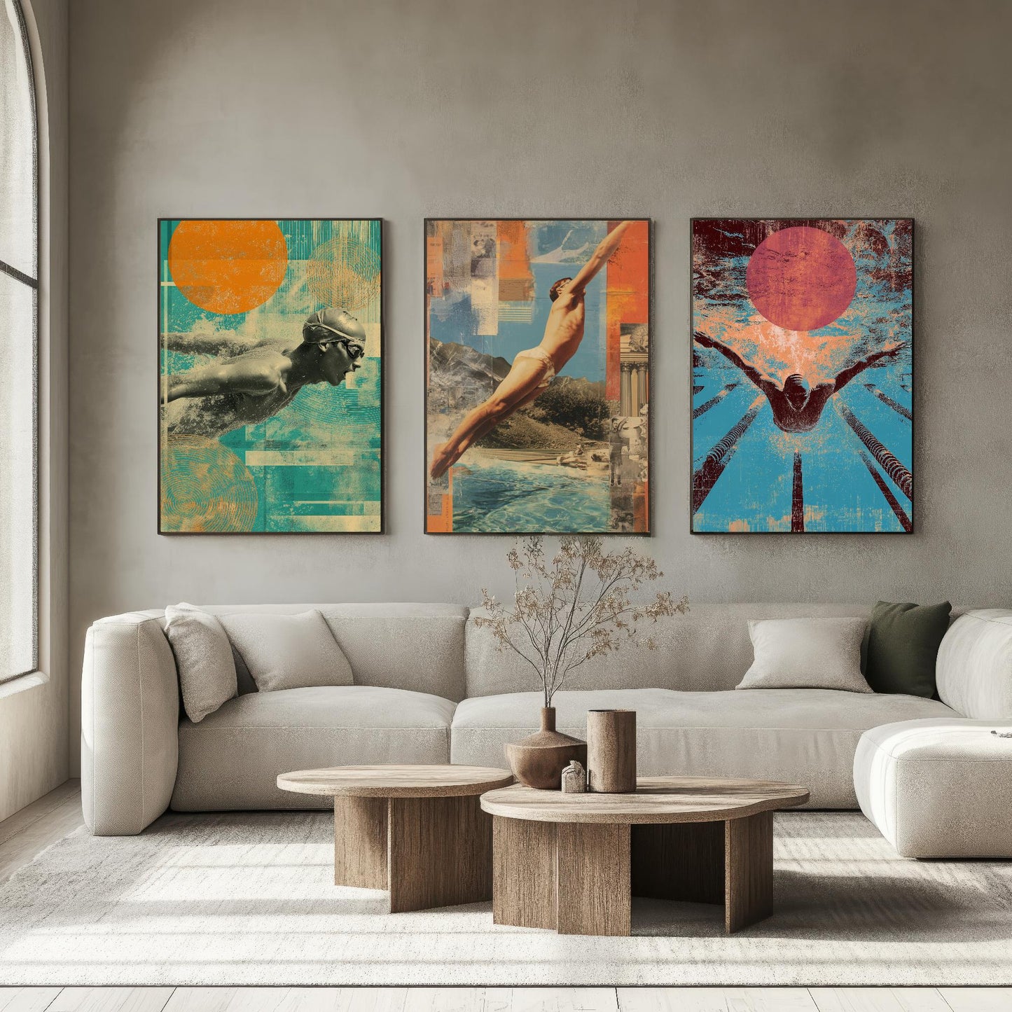 Set of Three Vintage Swimming Posters - Pool Sunset Collage V1 Art Prints - Creative Photography Painting Design - Patchwork Lane Swimmer