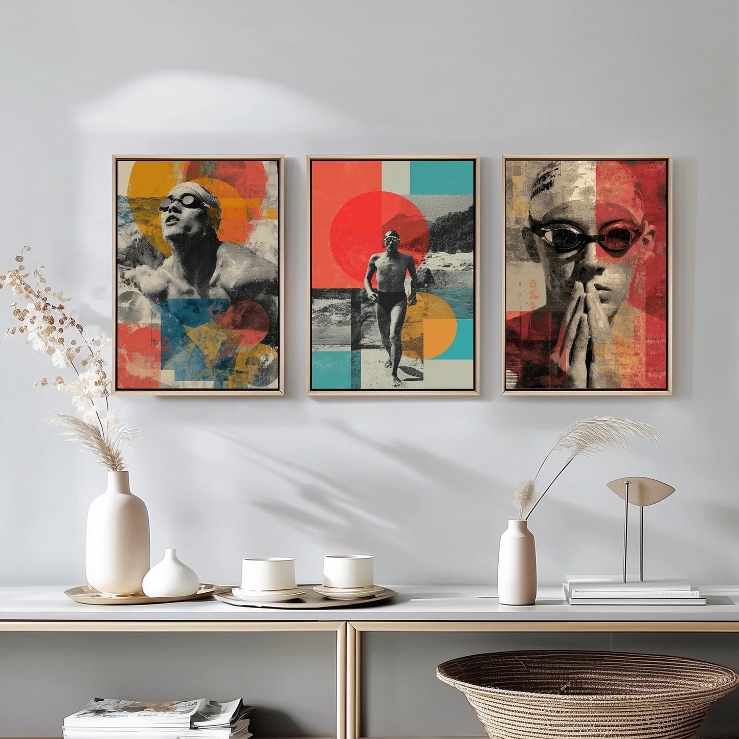Set of Three Vintage Swimming Posters - Pool Sunset Collage V2 Art Prints - Creative Photography Painting Design - Patchwork Lane Swimmer