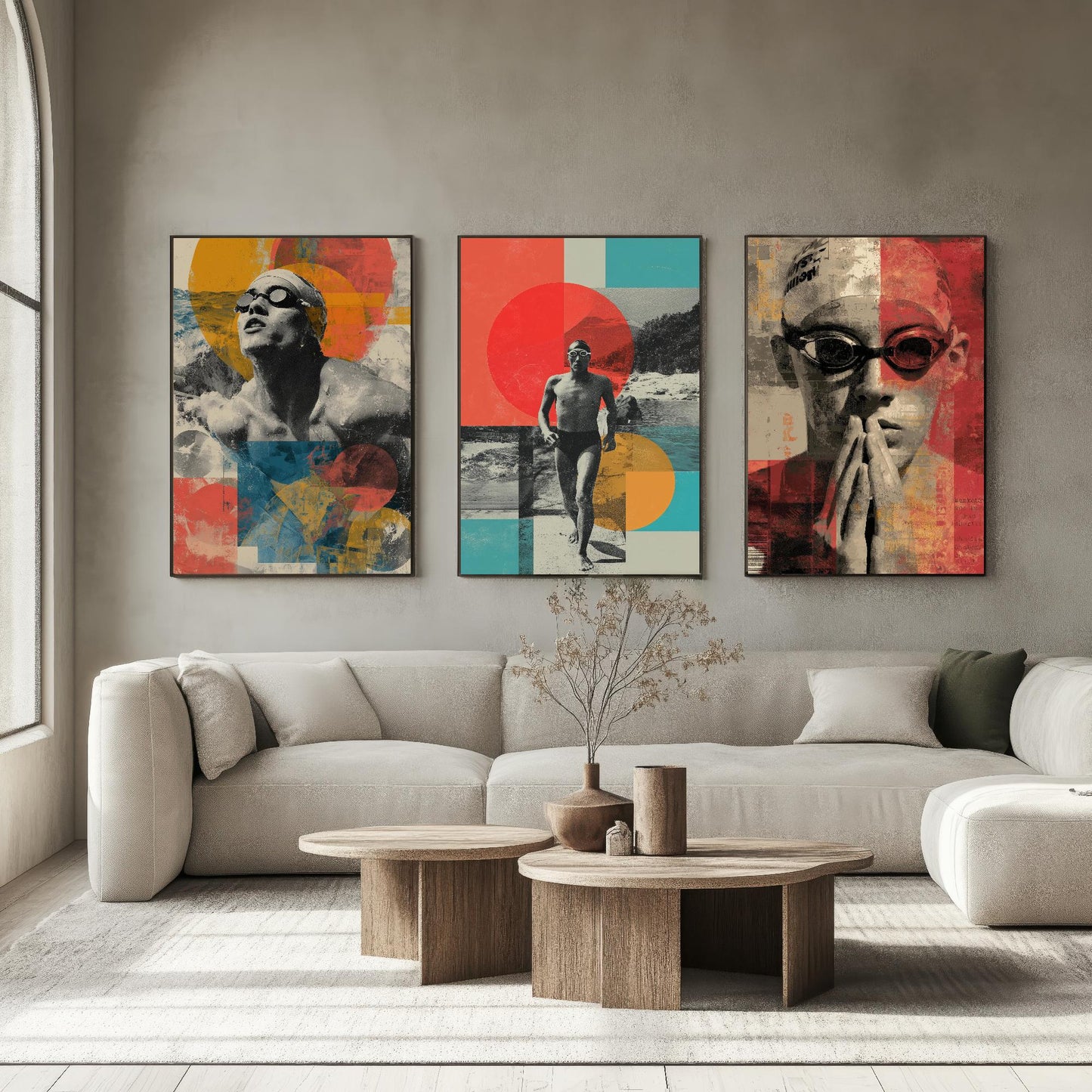 Set of Three Vintage Swimming Posters - Pool Sunset Collage V2 Art Prints - Creative Photography Painting Design - Patchwork Lane Swimmer