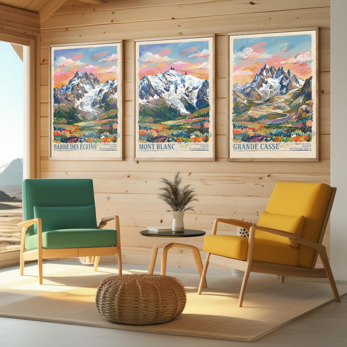 The Three Peaks of France Travel Posters - Barre Des Ecrins, Mont Blanc, Grande Casse - 3 Mountain Art Prints - Painting Illustration Gift