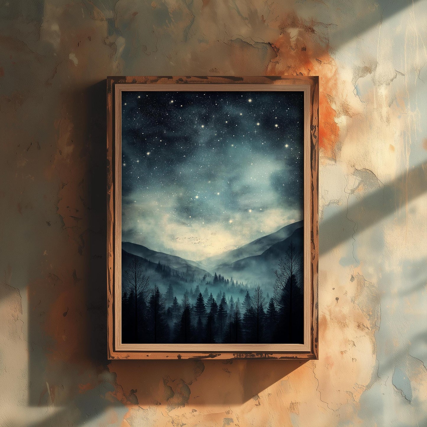 Teal Dark Night With Stars V3 Art Print - Blue Mountains Poster - Painting Illustration Home Wall Decor Misty Forest Navy 2/3