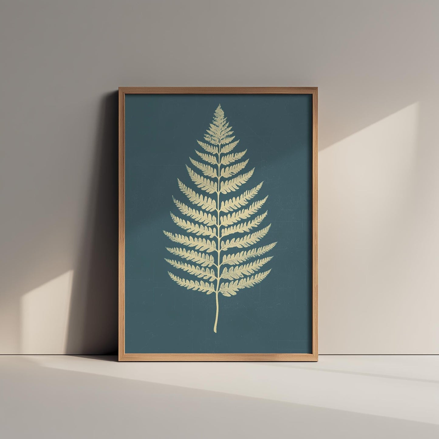 Feral Floral Fern Art Print V3 - Cream Fern Teal Background Poster - Bold Colourful Woodcut Collage Painting Nature Japandi Neutral 1/3