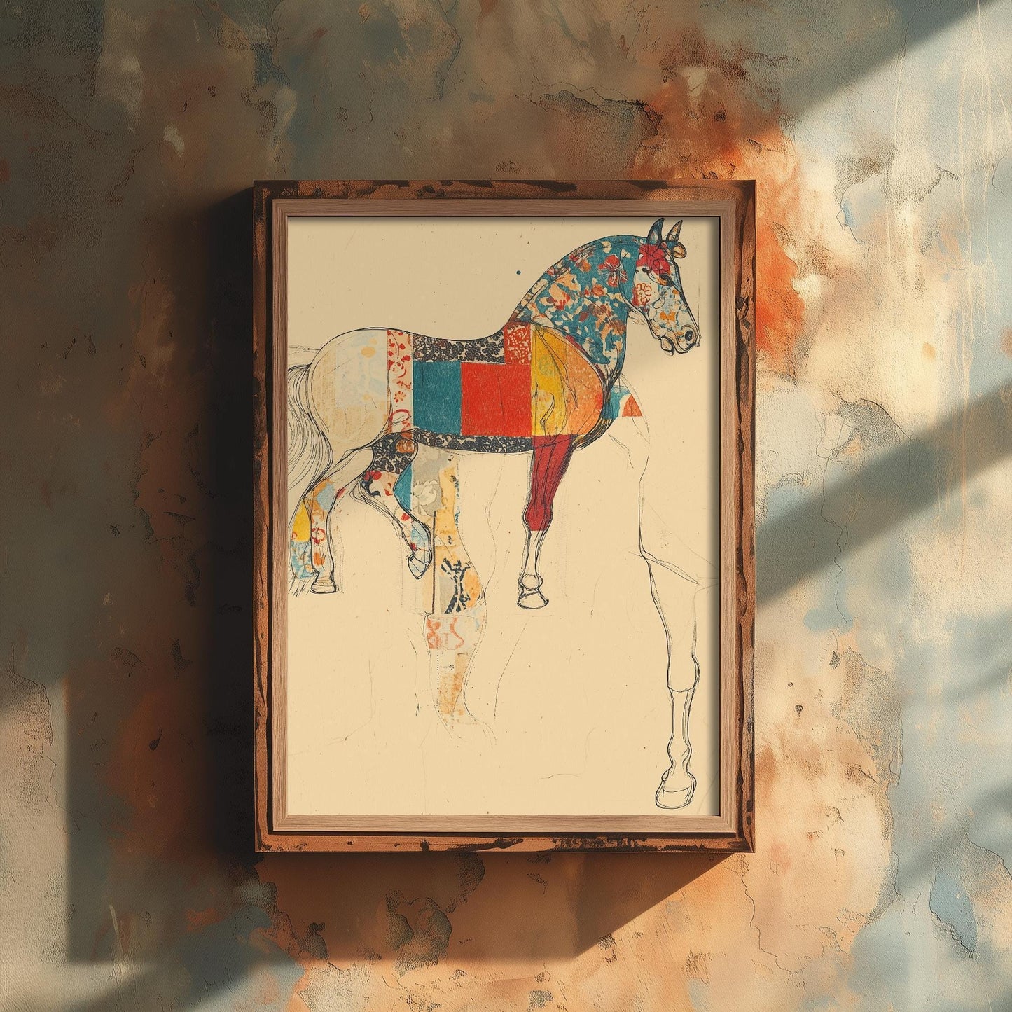 Feral Floral Horse Art Print V1 - Patchwork Sketch Standing Horse Poster - Bold Colourful Woodcut Collage Painting Animals Gift 1/3