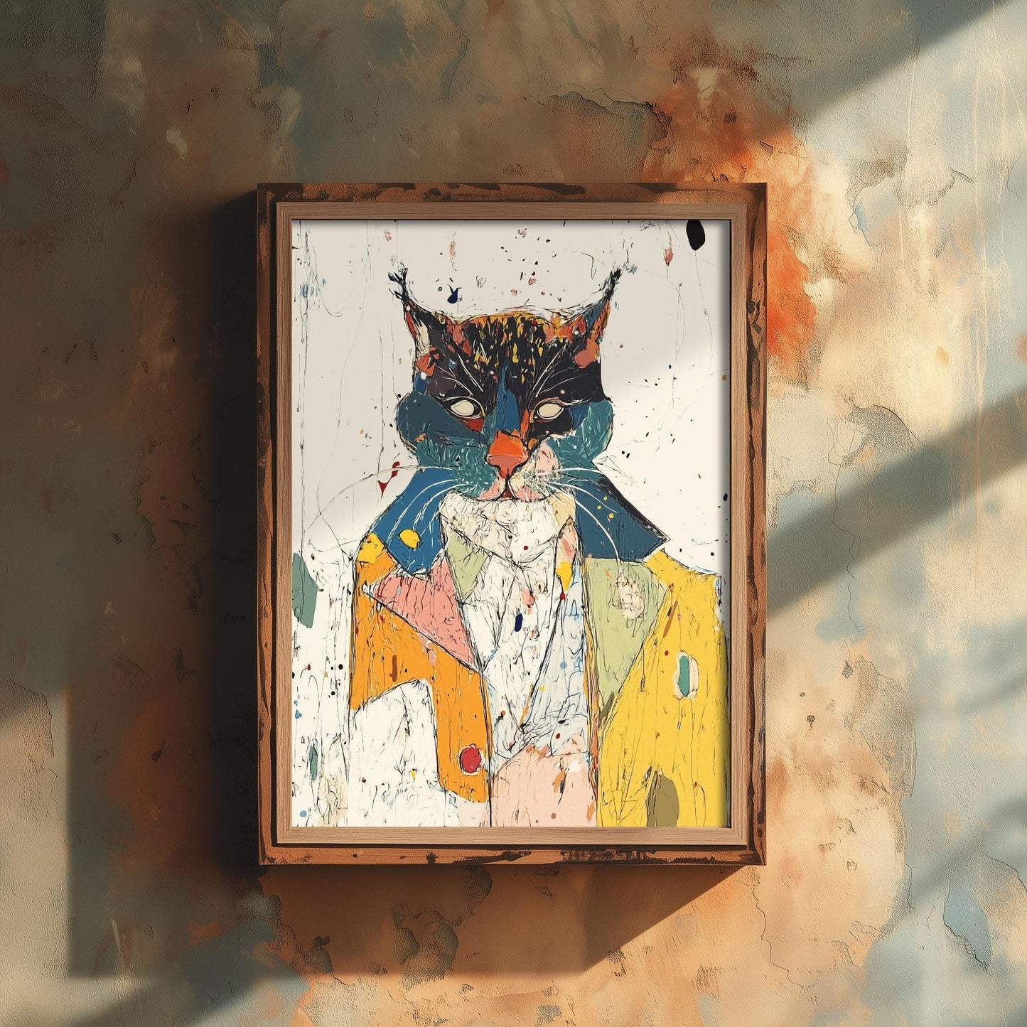 Feral Floral Cat Art Print - Suited Cat in Yellow Jacket Poster - Bold Colourful Woodcut Collage Painting Animals in Clothes Gift