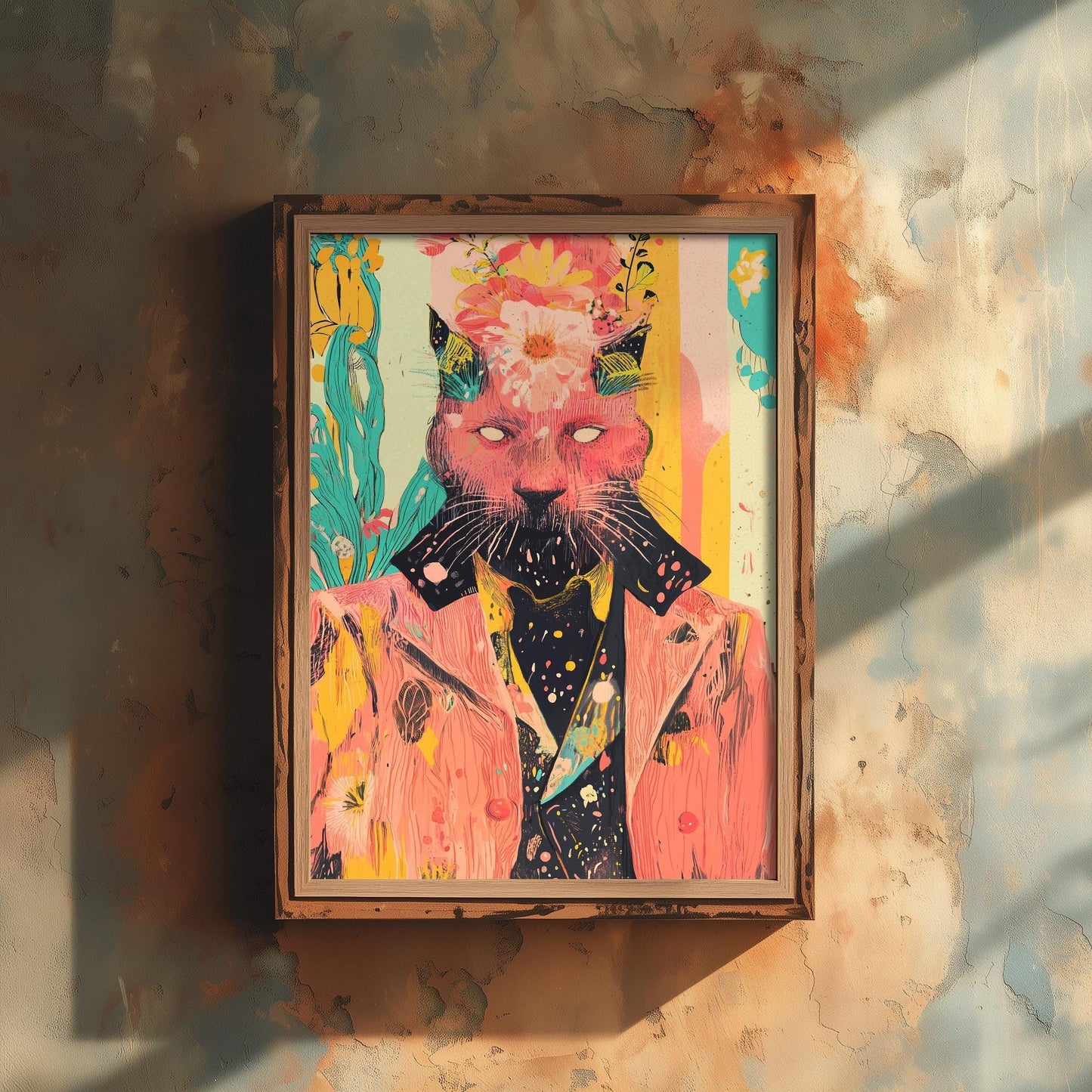 Feral Floral Cat Art Print V1 - Pink Cat Flower Crown Poster - Bold Colourful Woodcut Collage Painting Animals in Clothes Gift 2/3