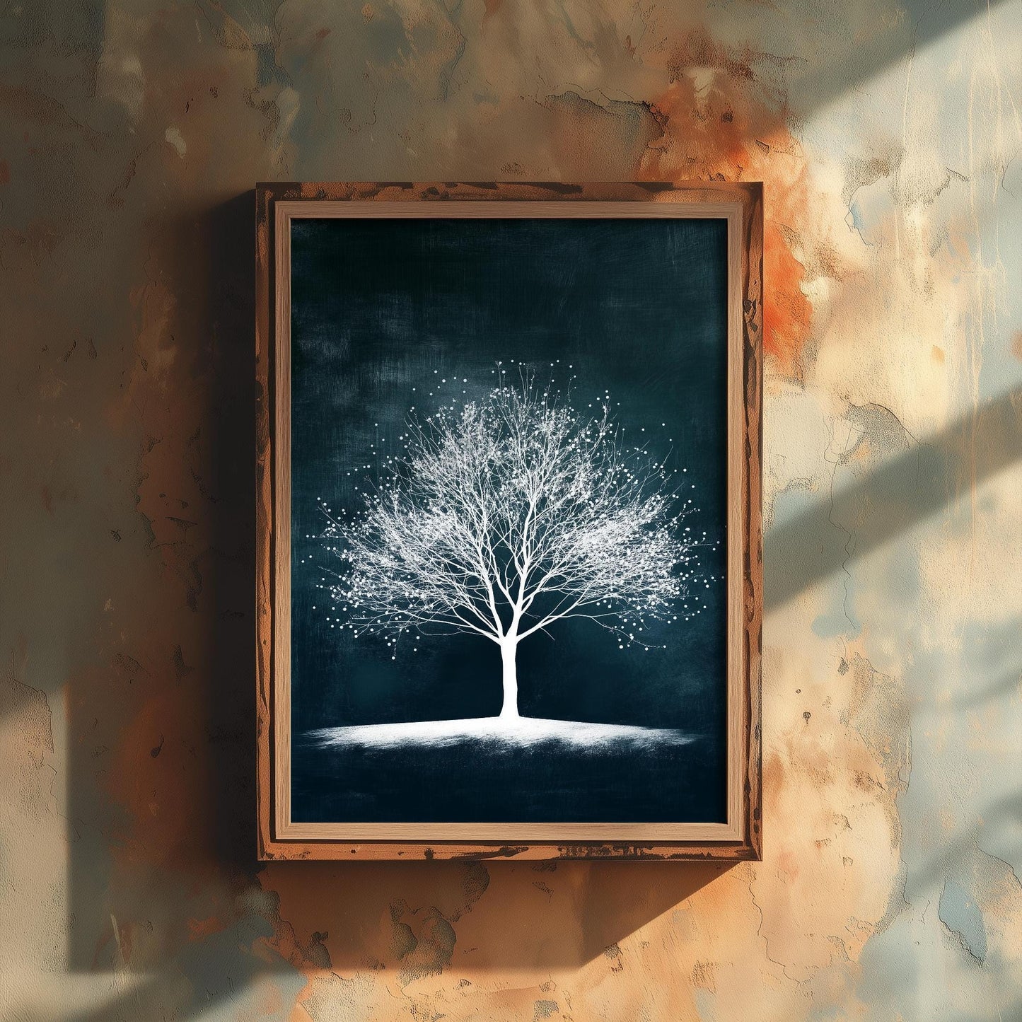 Teal Night Tree Print | Bare Winter Tree Art Print | Dark Teal Moody Nature Painting | Ethereal Botanical Wall Poster V1 1/3