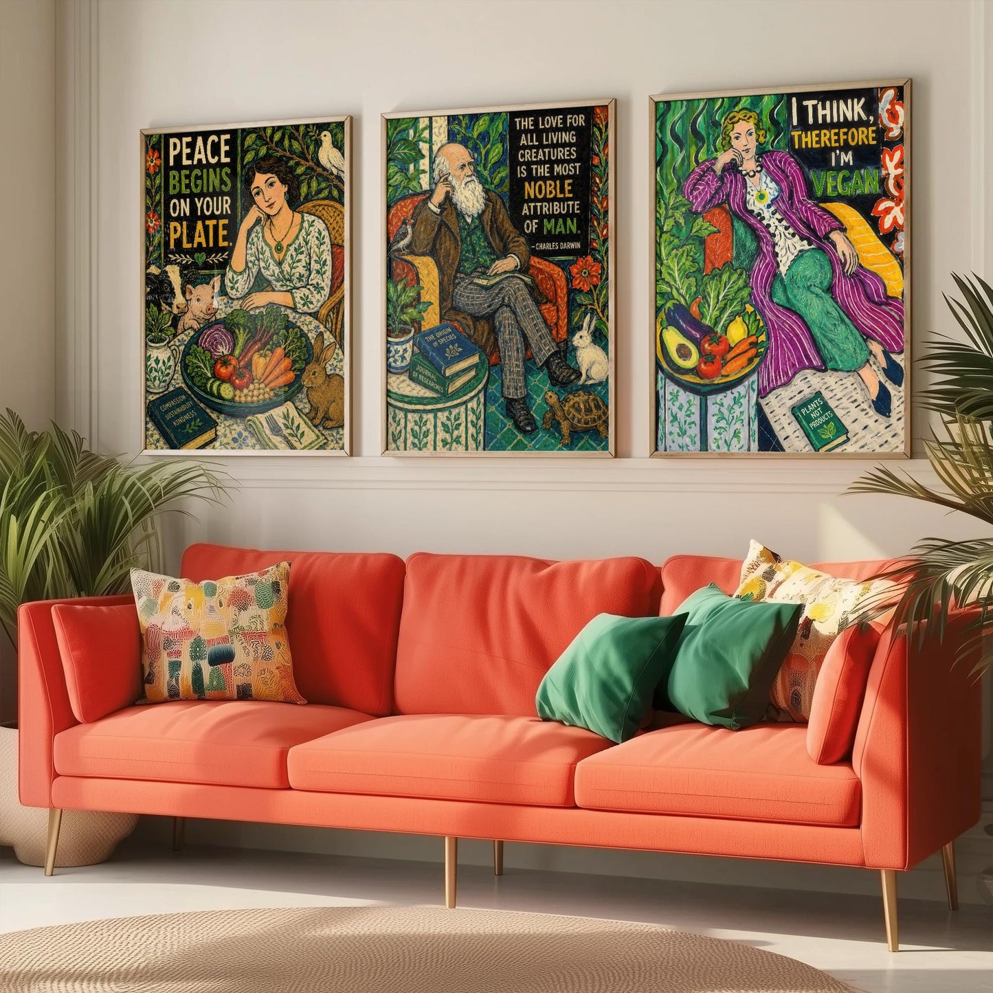 Vegan Quote Set of Three Prints | Peace Begins On Your Plate Darwin I Think Therefore I'm Vegan | Folk Art Wall Art Poster