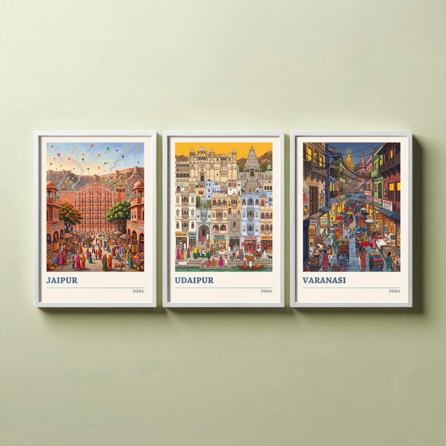 India Set of Three Art Prints - Jaipur, Udaipur, Varanasi - 3 Colourful Folk Illustration Travel Posters - Indian City Painting