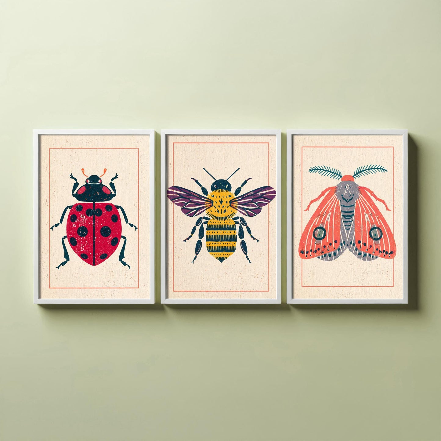 Ladybird Bee and Moth Set of Three Art Prints - 3 Vintage Linocut Style Insect Posters - Folk Bug Illustration