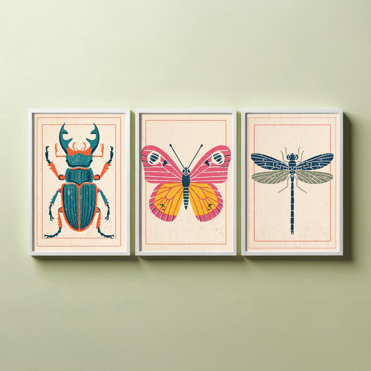 Stag Beetle Butterfly Dragonfly Set of Three Art Prints - 3 Colourful Linocut Style Posters - Retro Entomology Illustration