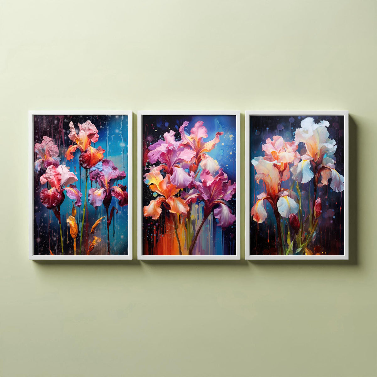 Irises Set of Three Art Prints - Pink, Magenta and White Blooms on Navy - Abstract Floral Painting Poster