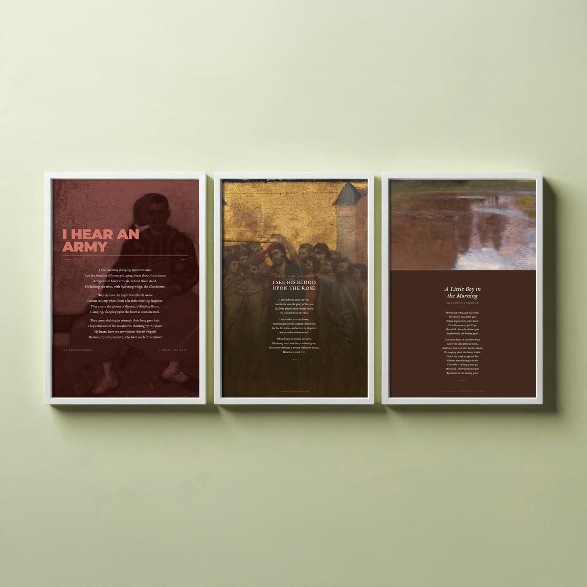 Irish Poems Set of Three Art Prints - I Hear an Army, Blood Upon the Rose, A Little Boy in the Morning - Full Poems over Paintings - Poster