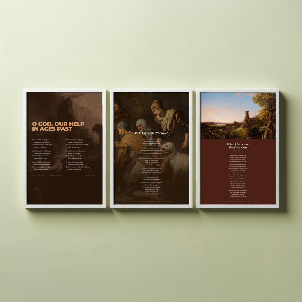 Isaac Watts Hymns Set of Three Art Prints - Joy to the World, When I Survey the Wondrous Cross - Hymn Texts over Classic Paintings - Poster