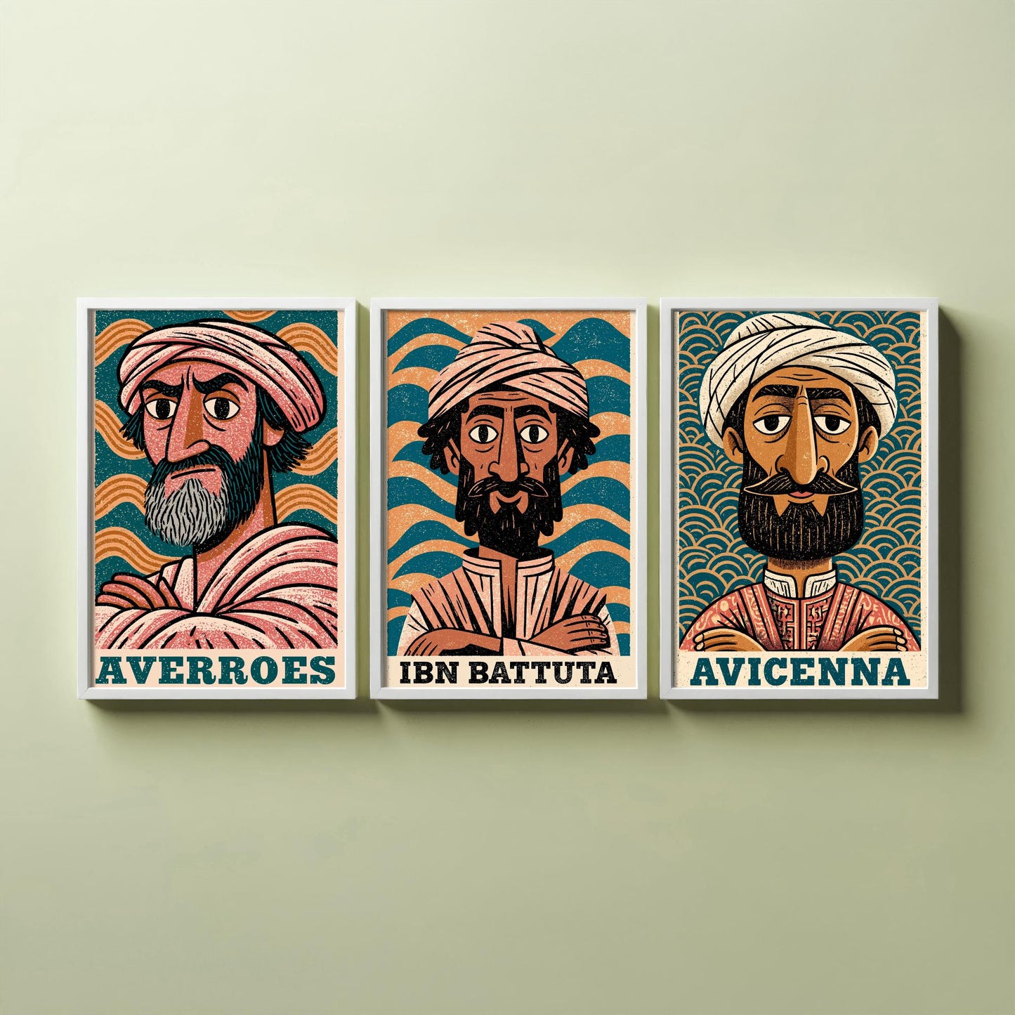 Islamic Golden Age Set of Three Art Prints - Averroes, Ibn Battuta, Avicenna - History Poster Wall Art Gift Illustration