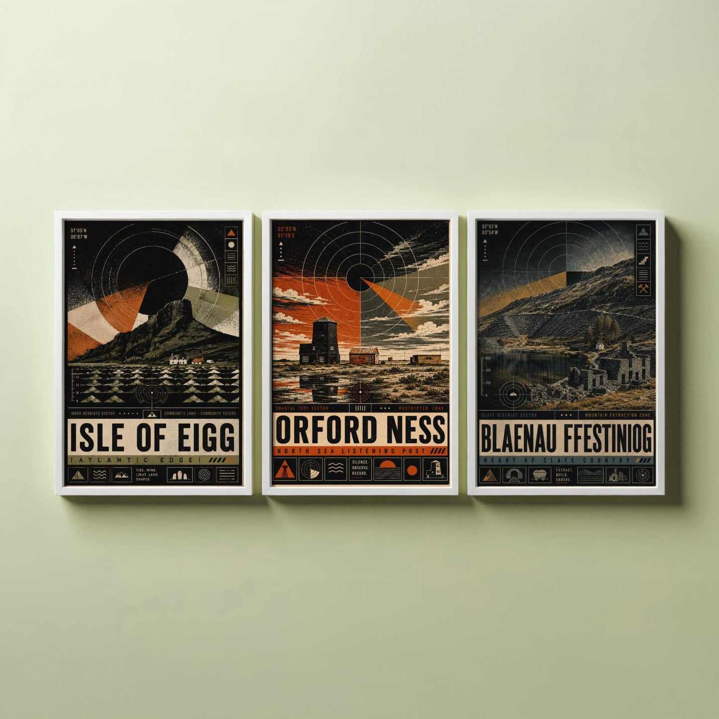 Set of Three Travel Posters - Isle of Eigg, Orford Ness, Blaenau Ffestiniog - Retro Art Print Illustration Gift Wall Decor