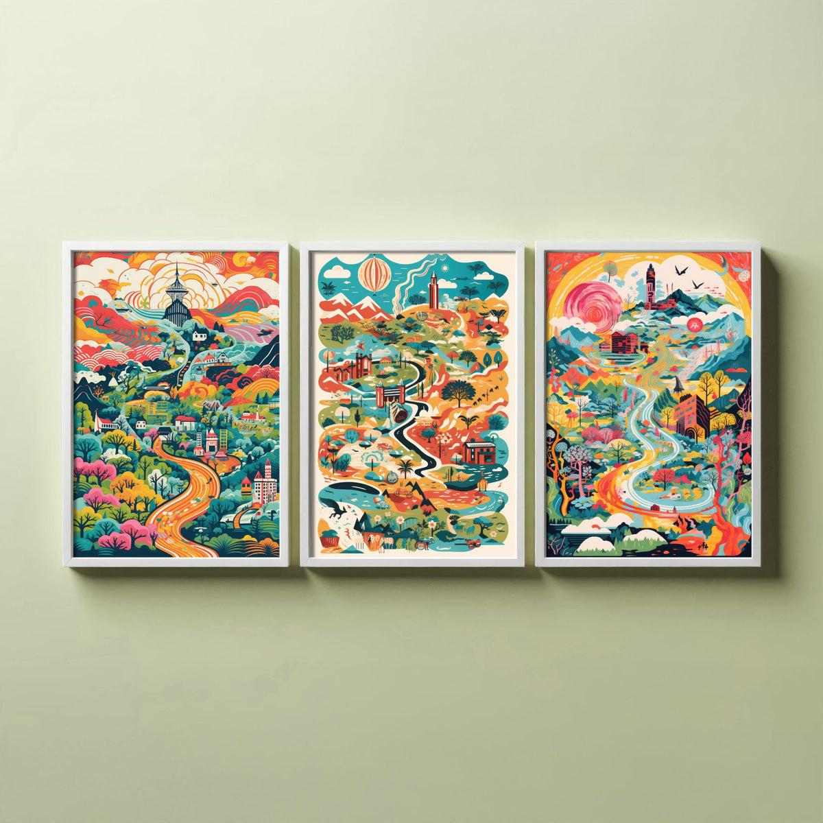 Japan Illustrated Map Set of Three Art Prints - Temples, Mountains and Rivers - Colourful Travel Poster Illustration