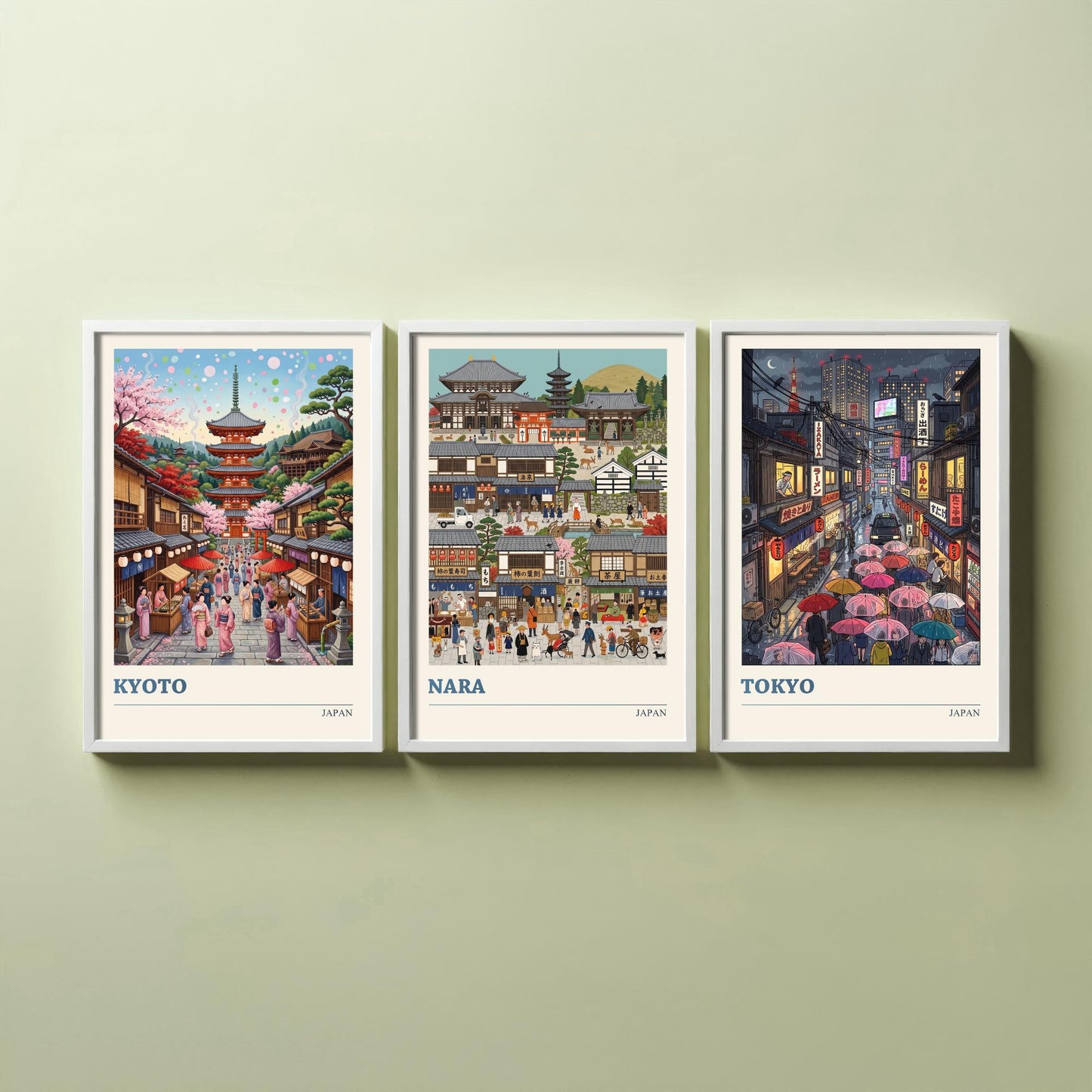 Japan Set of Three Art Prints - Kyoto, Nara, Tokyo - 3 Colourful Folk Illustration Travel Posters - Japanese Cities Painting