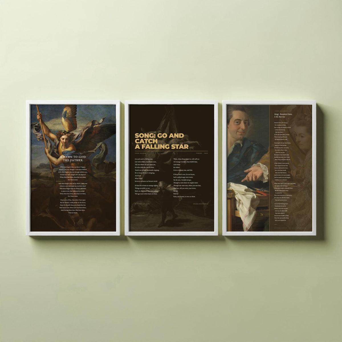 John Donne Set of Three Art Prints - Go and Catch a Falling Star, Sweetest Love I Do Not Go - Full Poems over Classic Paintings - Poster