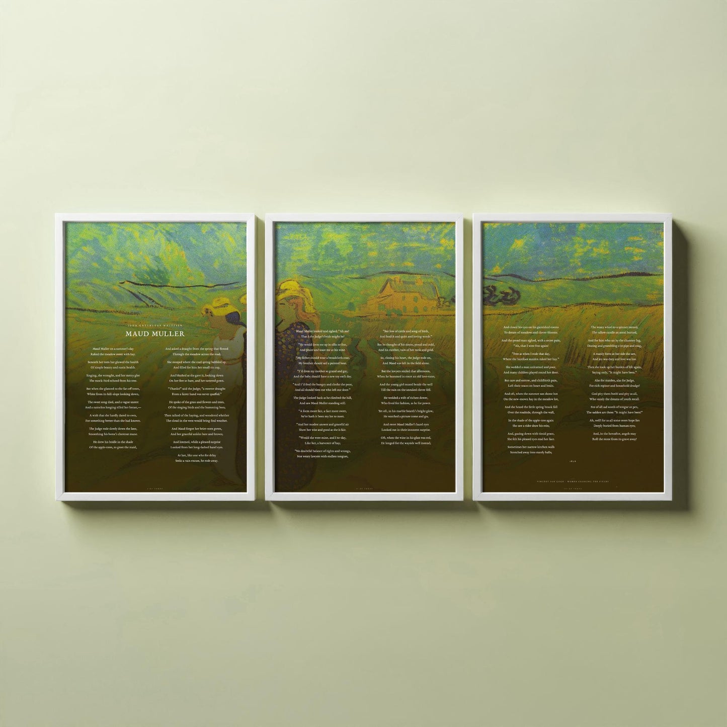 Maud Muller by John Greenleaf Whittier Set of Three Art Prints - Full Poem over Van Gogh Fields Painting - Poetry Poster Triptych Decor