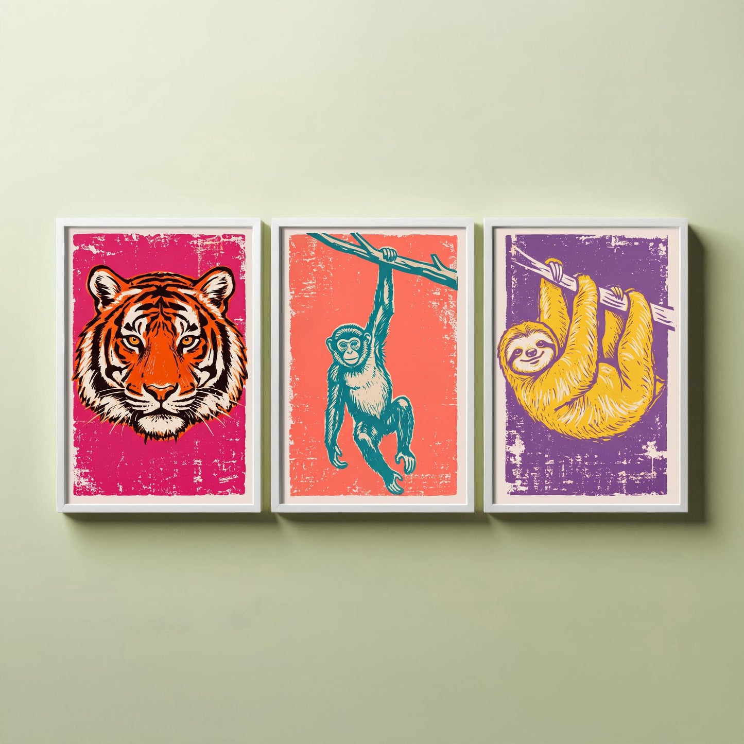 Tiger, Monkey & Sloth Set of Three Art Prints - Linocut Jungle Animal Illustrations - Rainforest Kids Triptych Posters V1
