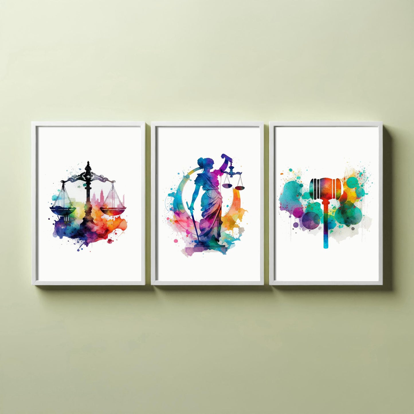 Justice Watercolour Set of Three Art Prints - Scales, Lady Justice, Gavel - Lawyer Gift Poster Wall Art Painting Law Decor