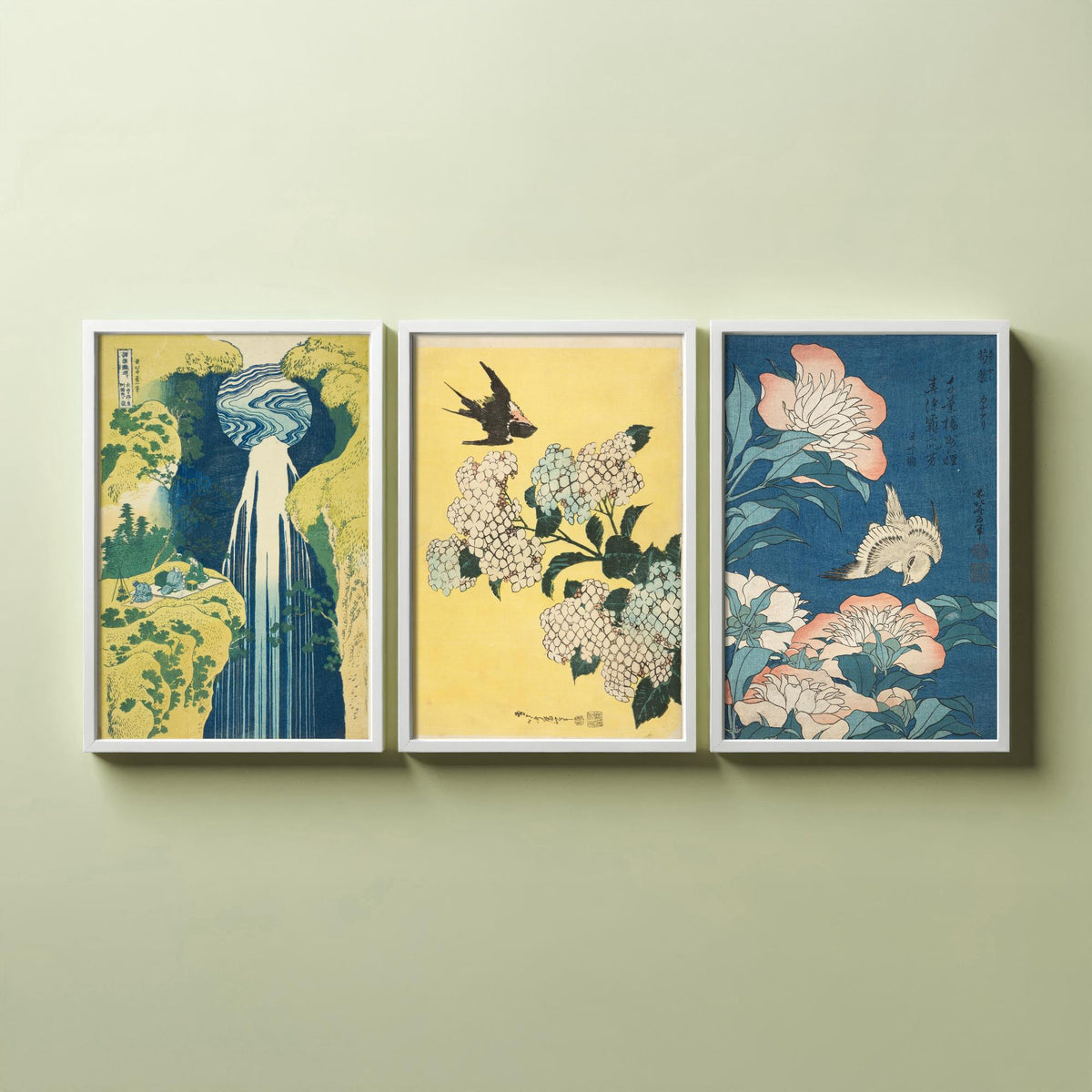 Set of Three Katsushika Hokusai Prints - Amida Falls Hydrangea Peonies - 3 Japanese Woodblock Paintings Poster Wall Art Gift Ukiyo-e Decor