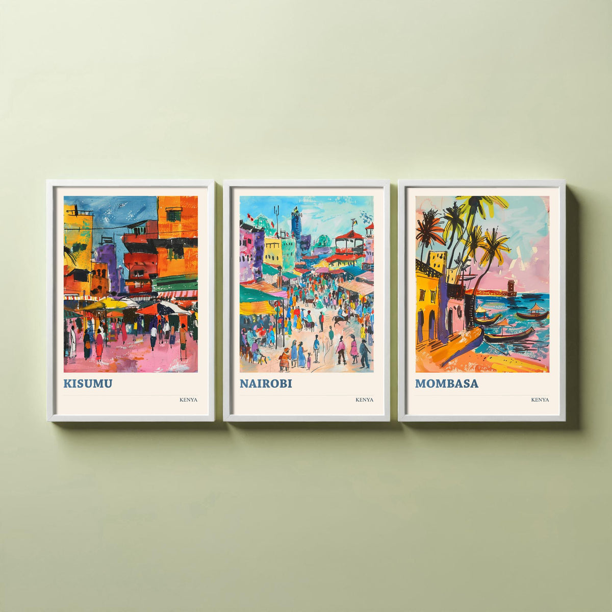 Kenya Set of Three Prints - Kisumu Nairobi Mombasa - 3 Watercolour Travel Posters - African City Wall Art Gift Painting Market Map Decor