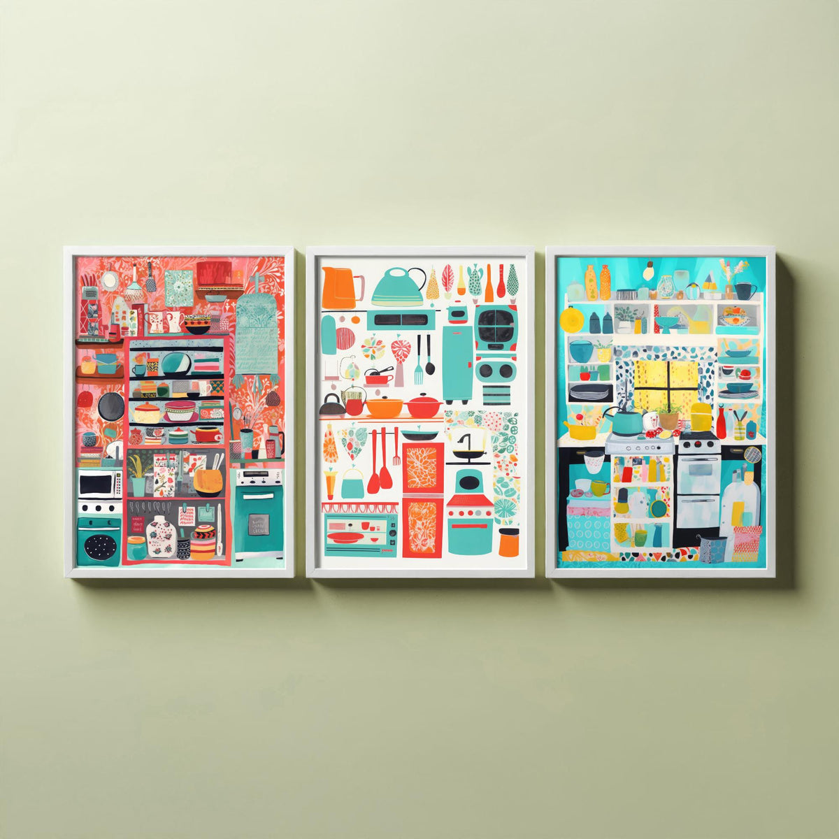 Colourful Kitchen Illustrations Set of Three Art Prints - Shelves, Pots and Pans - Retro Folk Illustration Poster