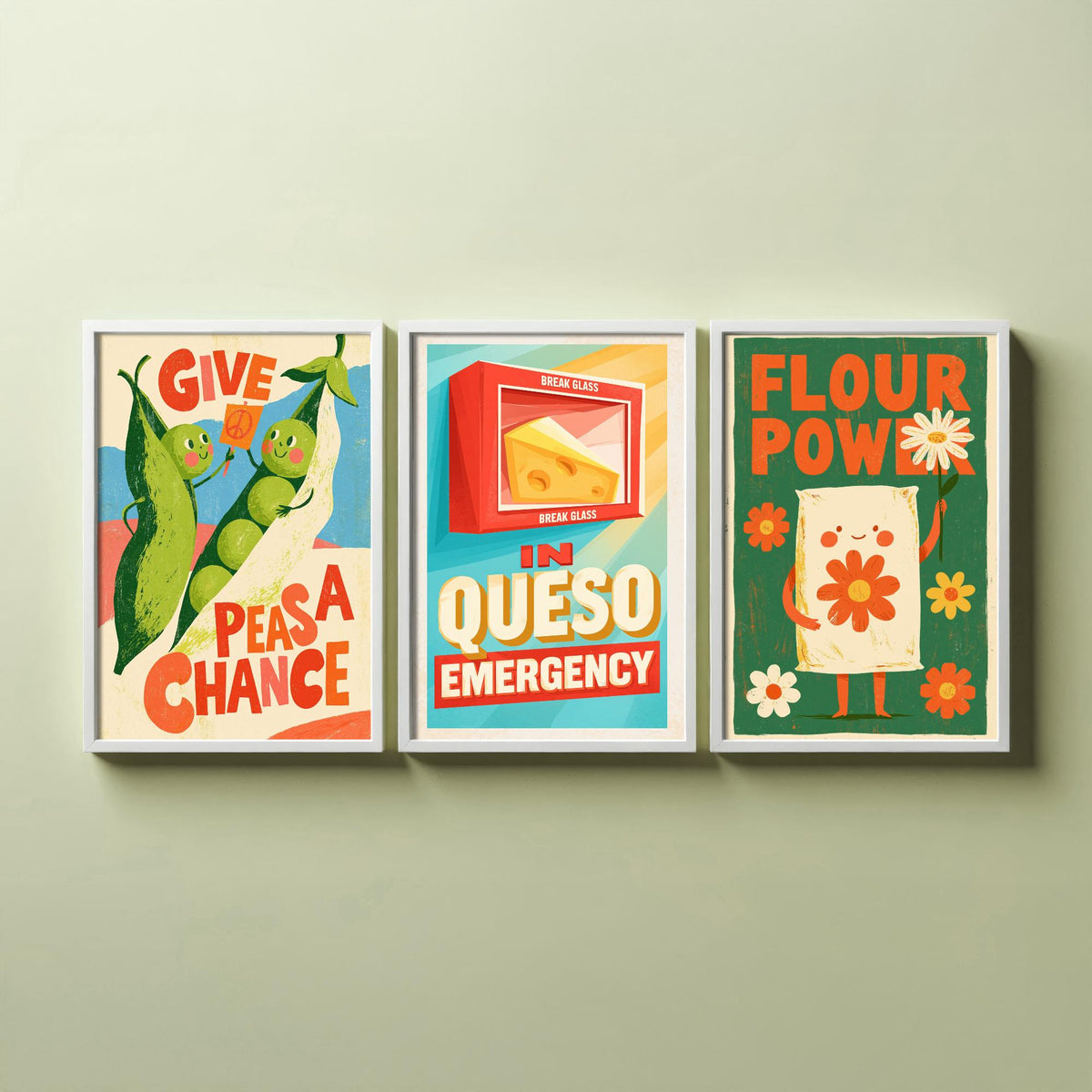 Kitchen Protest Set of Three Art Prints - Give Peas a Chance, In Queso Emergency, Flour Power - Retro Pun Posters Illustration