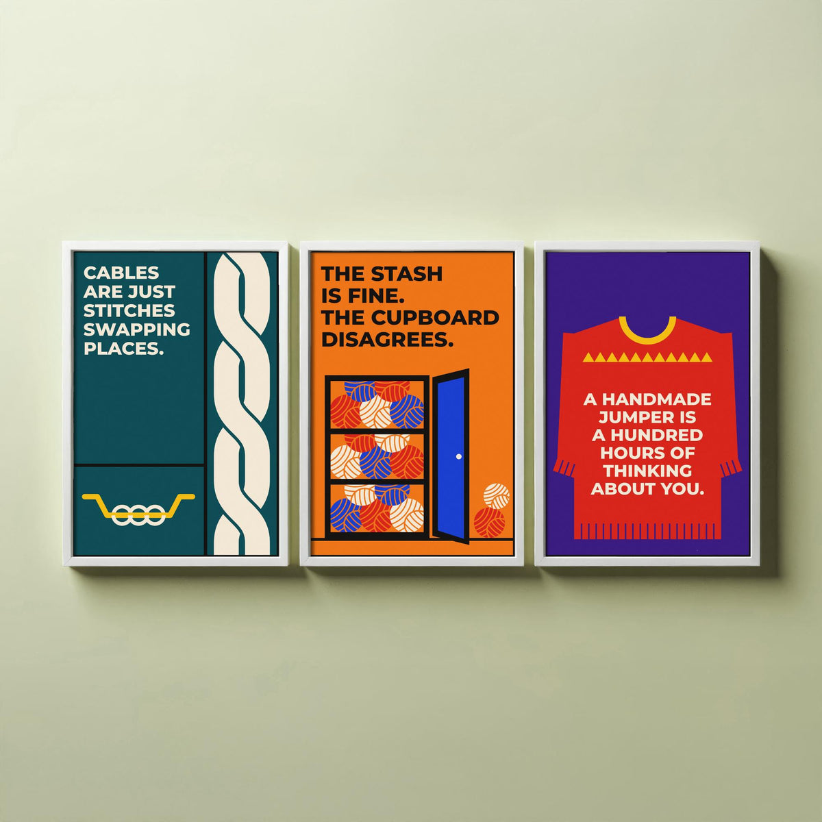 Knitting Quotes Set of Three Art Prints - 3 Retro Bauhaus Knitter Posters - Minimalist Craft Wall Art Illustration V2