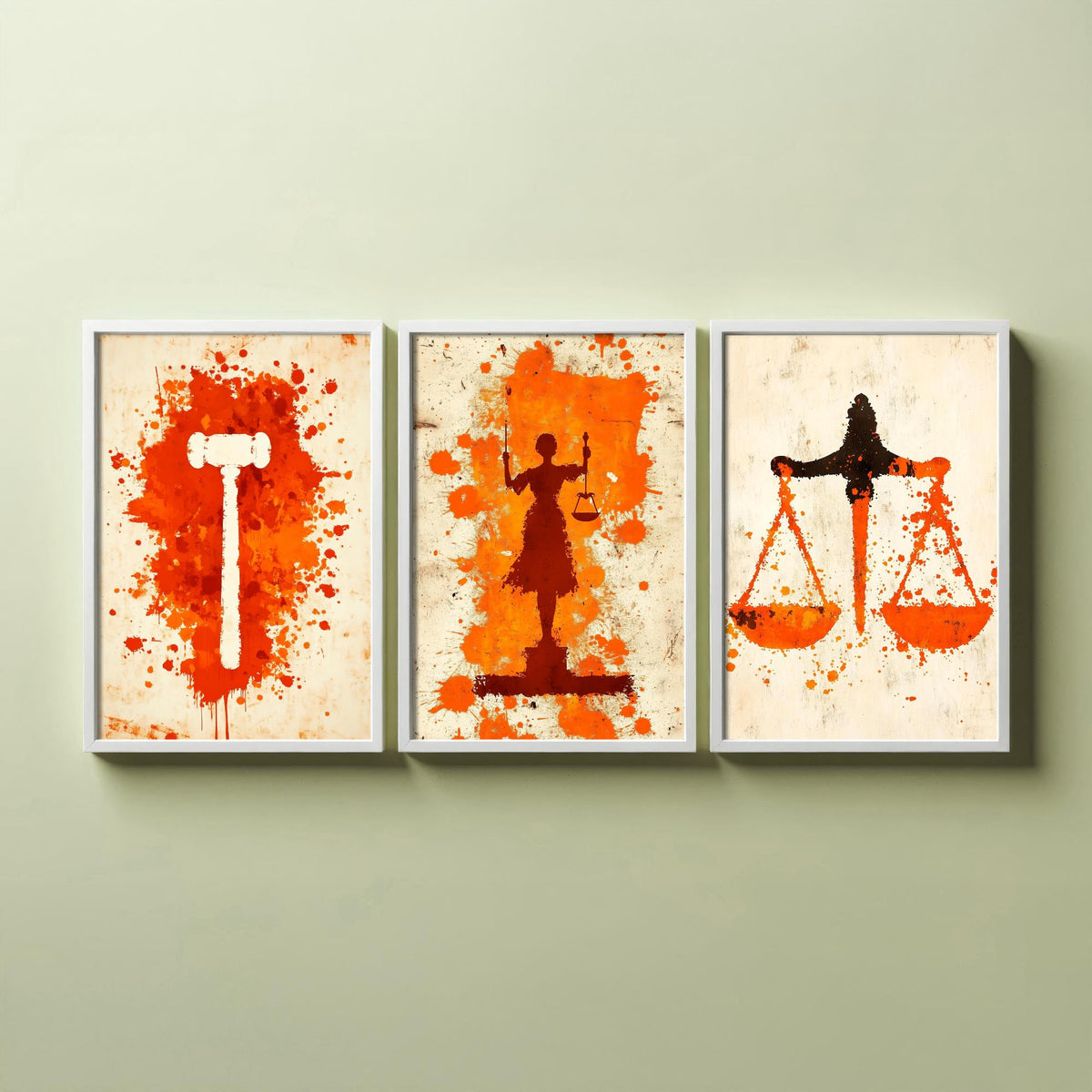 Set of Three Lady Justice Art Prints - 3 Gavel Scales Law Posters - Orange Grunge Wall Art Gift Illustration Lawyer Attorney Office Decor