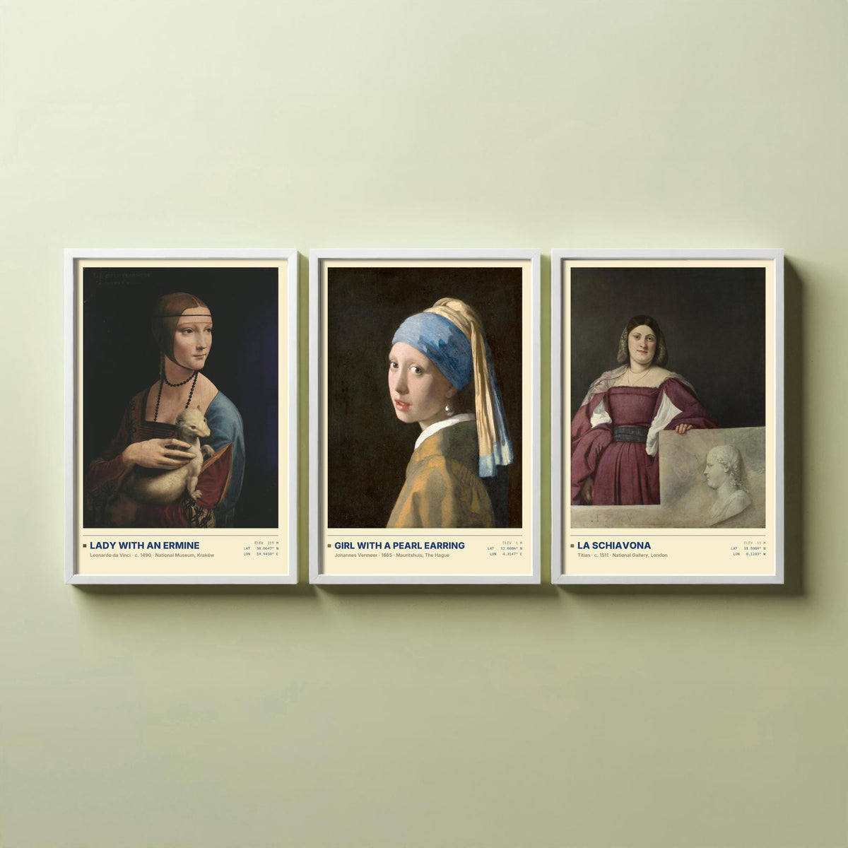 Lady with an Ermine Set of Three Art Prints - Girl with a Pearl Earring, La Schiavona - Leonardo Vermeer Titian Painting Posters