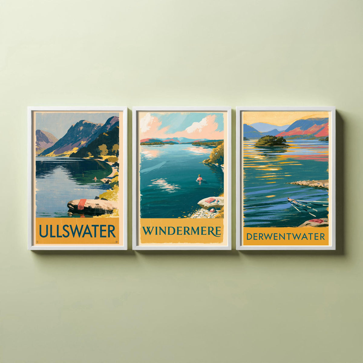 Lake District Swimming Set of Three Art Prints - Ullswater, Windermere, Derwentwater - Vintage Wild Swim Travel Poster Illustration V1