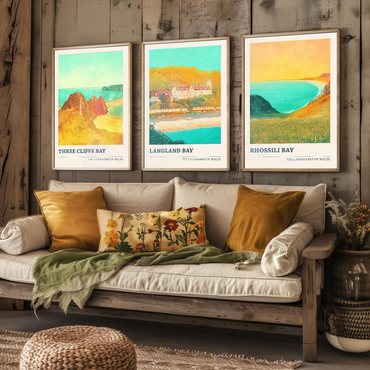 The Three Bays of the Gower - Set of Three Art Prints (Golden Calm Style) - Three Cliffs Bay, Langland Bay, Rhossili Bay (Copy)