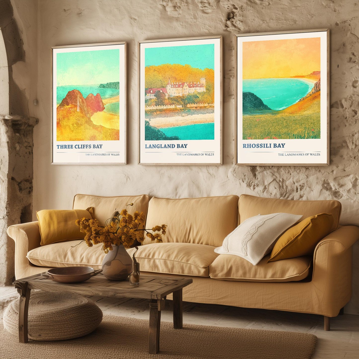 The Three Bays of the Gower - Set of Three Art Prints (Golden Calm Style) - Three Cliffs Bay, Langland Bay, Rhossili Bay (Copy)
