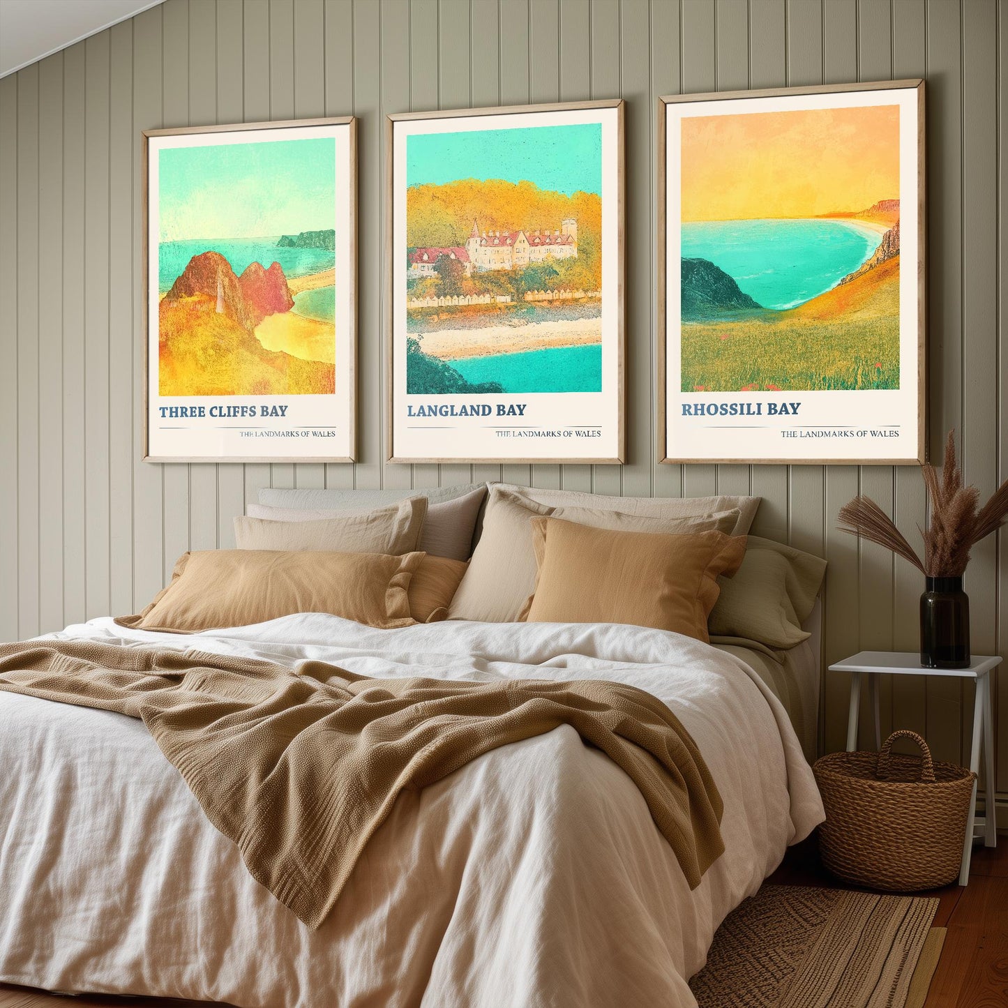The Three Bays of the Gower - Set of Three Art Prints (Golden Calm Style) - Three Cliffs Bay, Langland Bay, Rhossili Bay (Copy)