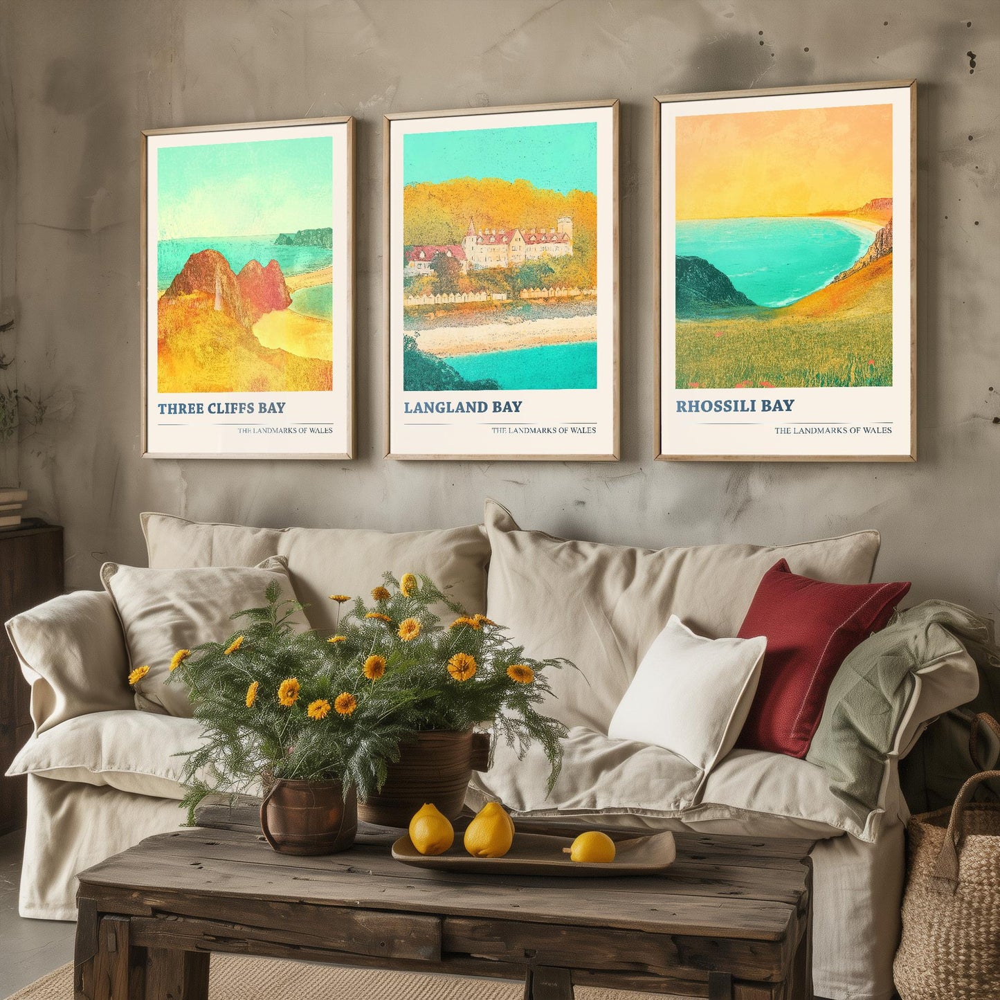 The Three Bays of the Gower - Set of Three Art Prints (Golden Calm Style) - Three Cliffs Bay, Langland Bay, Rhossili Bay (Copy)