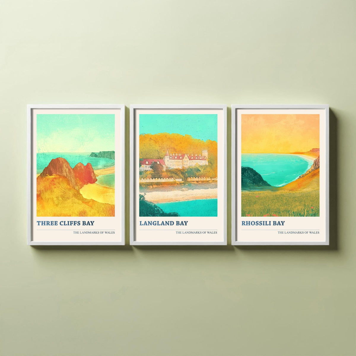 Gower Peninsula Wales Set of Three Prints | Three Cliffs Bay Langland Bay Rhossili Bay | Golden Coastal Illustration Wall Art Poster