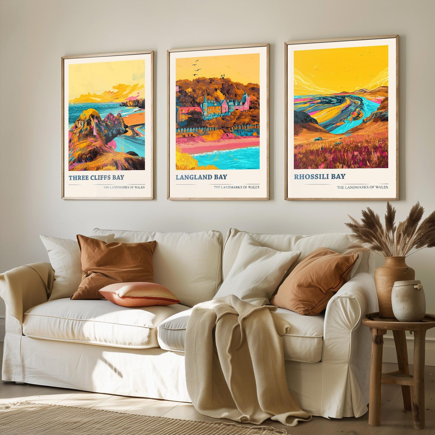 The Three Bays of the Gower - Set of Three Art Prints (Ludwig Flow Style) - Three Cliffs Bay, Langland Bay, Rhossili Bay