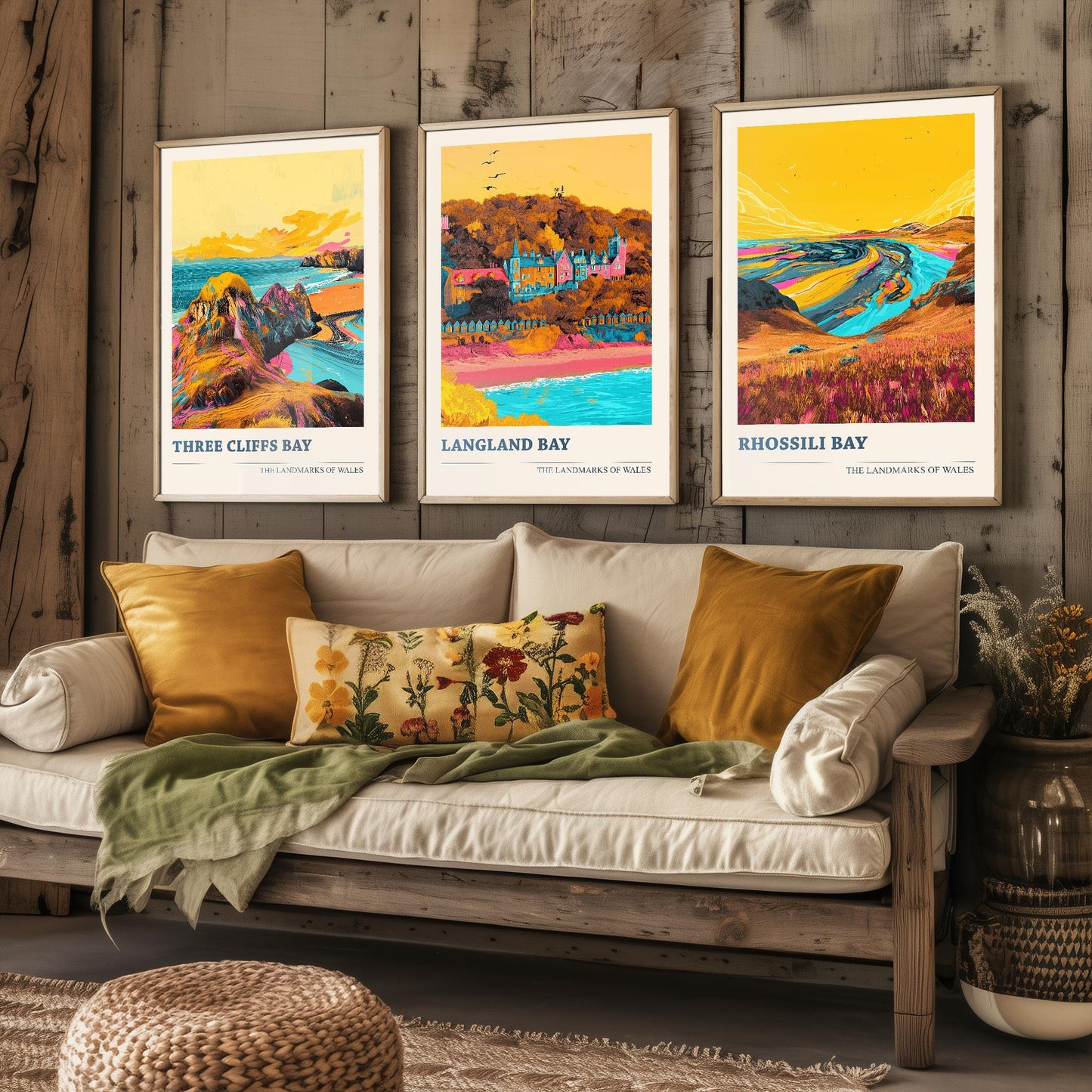 The Three Bays of the Gower - Set of Three Art Prints (Ludwig Flow Style) - Three Cliffs Bay, Langland Bay, Rhossili Bay