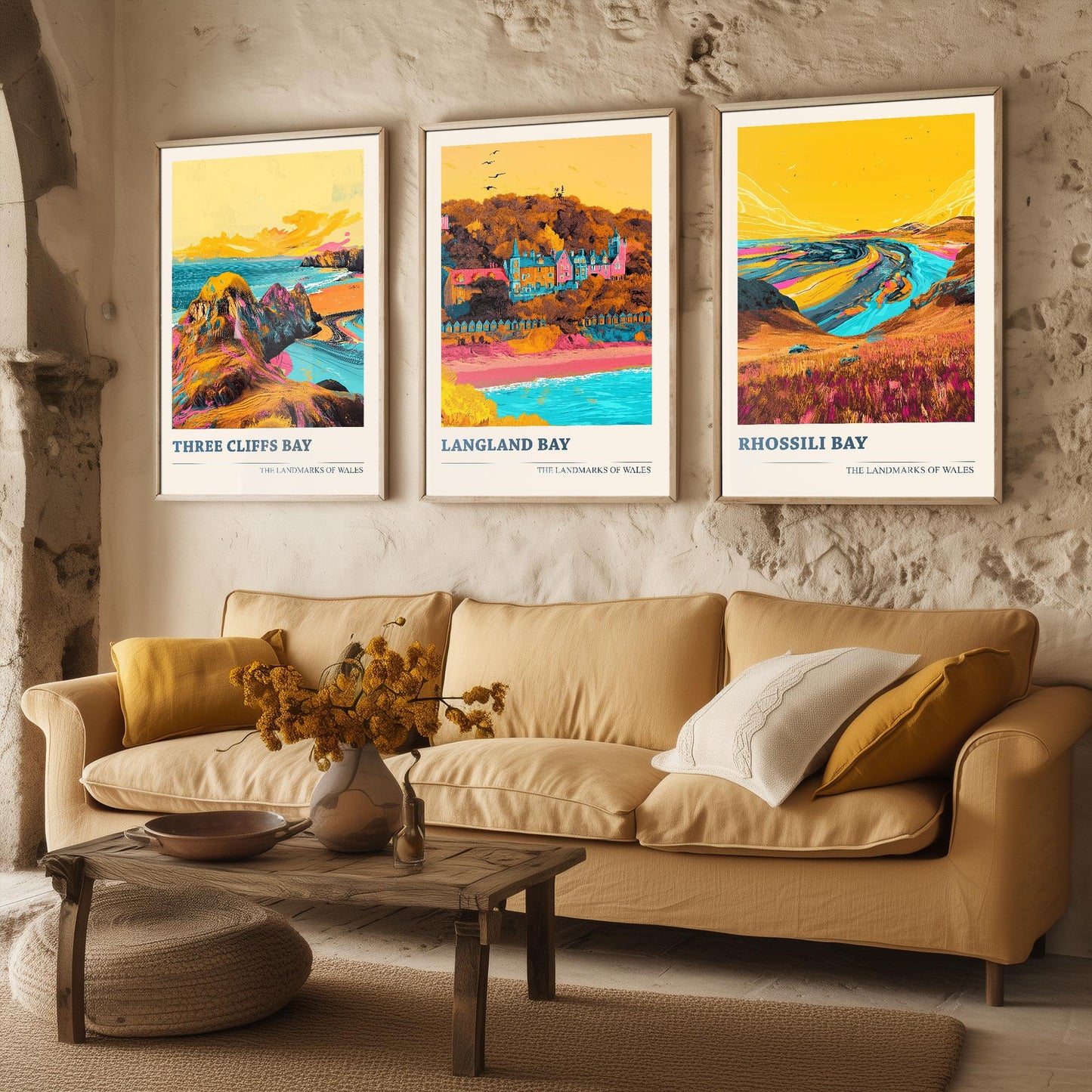The Three Bays of the Gower - Set of Three Art Prints (Ludwig Flow Style) - Three Cliffs Bay, Langland Bay, Rhossili Bay
