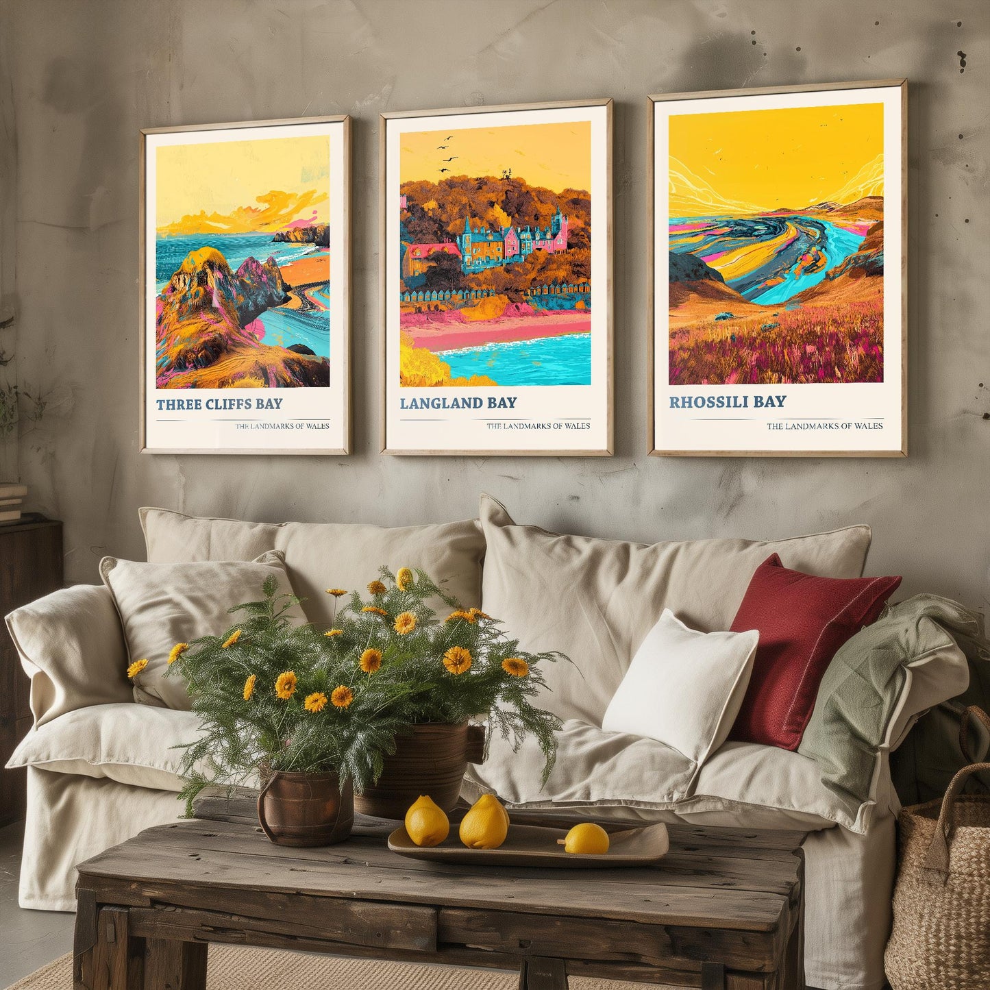 The Three Bays of the Gower - Set of Three Art Prints (Ludwig Flow Style) - Three Cliffs Bay, Langland Bay, Rhossili Bay