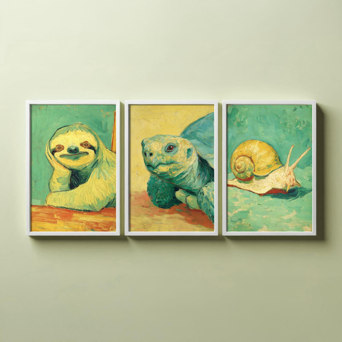 Lazy Animals Set of Three Art Prints - 3 Sloth Turtle Snail Van Gogh Style Paintings - Poster Wall Art Gift Funny Illustration