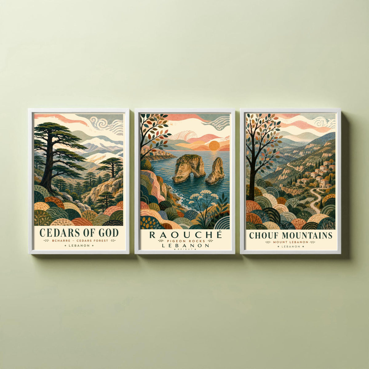 Lebanon Travel Set of Three Prints - Cedars of God, Pigeon Rocks, Chouf Mountains - 3 Folk Art Posters Illustration Gift Map V1