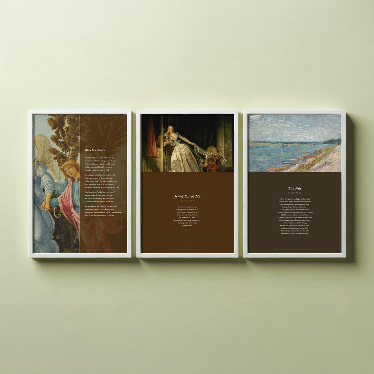 Leigh Hunt Poems Set of Three Art Prints - Abou Ben Adhem, Jenny Kissed Me, The Nile - Full Poems over Classic Paintings Poster Triptych