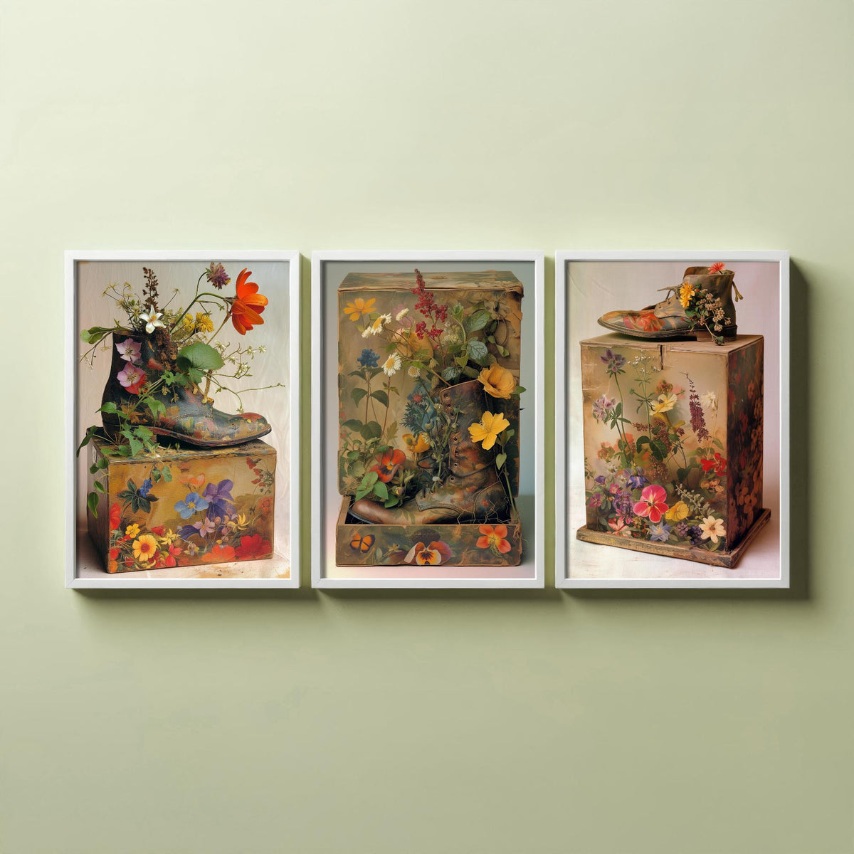 Living Breathing Botanical Shoeboxes Set of Three Art Prints - 3 Surreal Floral Boot Posters - Photo Wall Art Gift Nature Whimsical