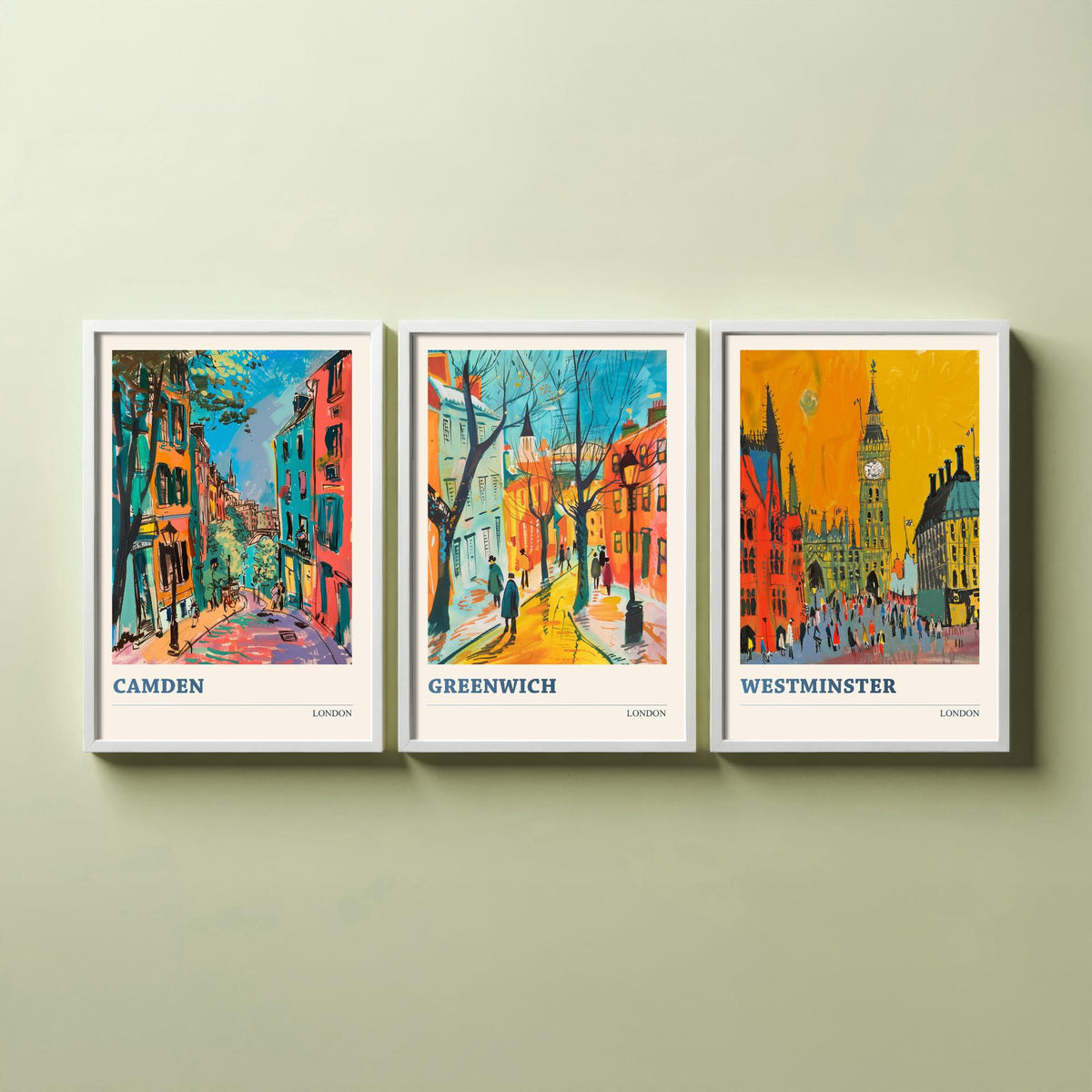 London Set of Three Prints - Camden, Greenwich, Westminster - 3 Vibrant City Art Prints Painting Poster Gift Travel Big Ben