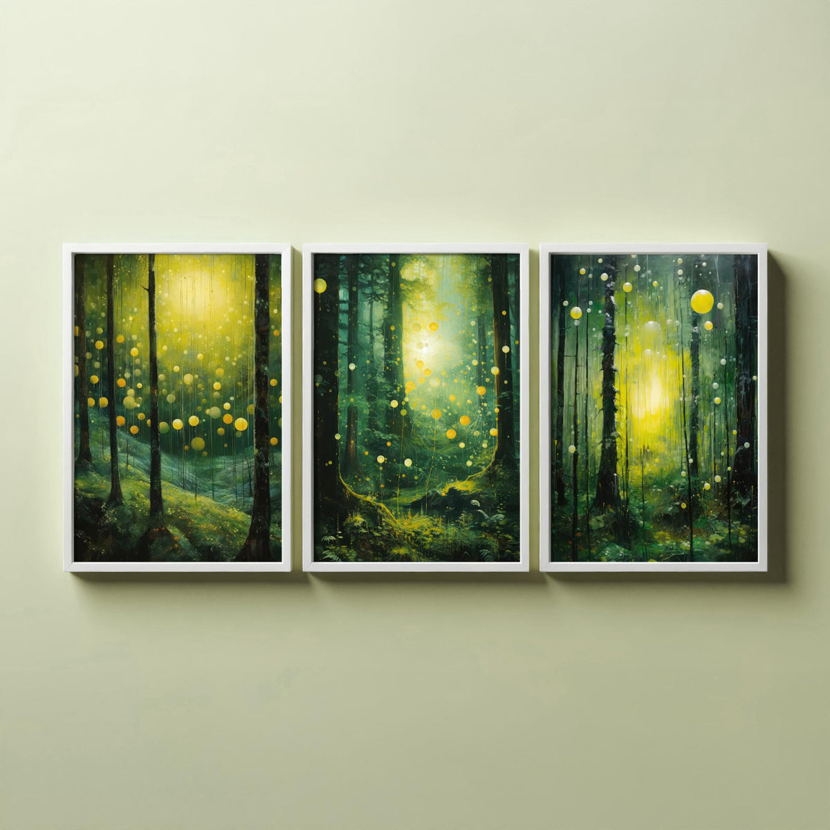 Enchanted Green Forest Set of Three Art Prints - Glowing Yellow Light and Fireflies - Moody Woodland Painting Poster