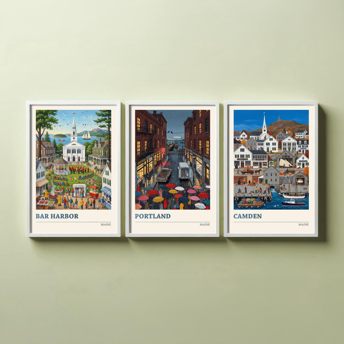 Maine Set of Three Art Prints - Bar Harbor, Portland, Camden - 3 Colourful Folk Illustration Travel Posters - New England Painting